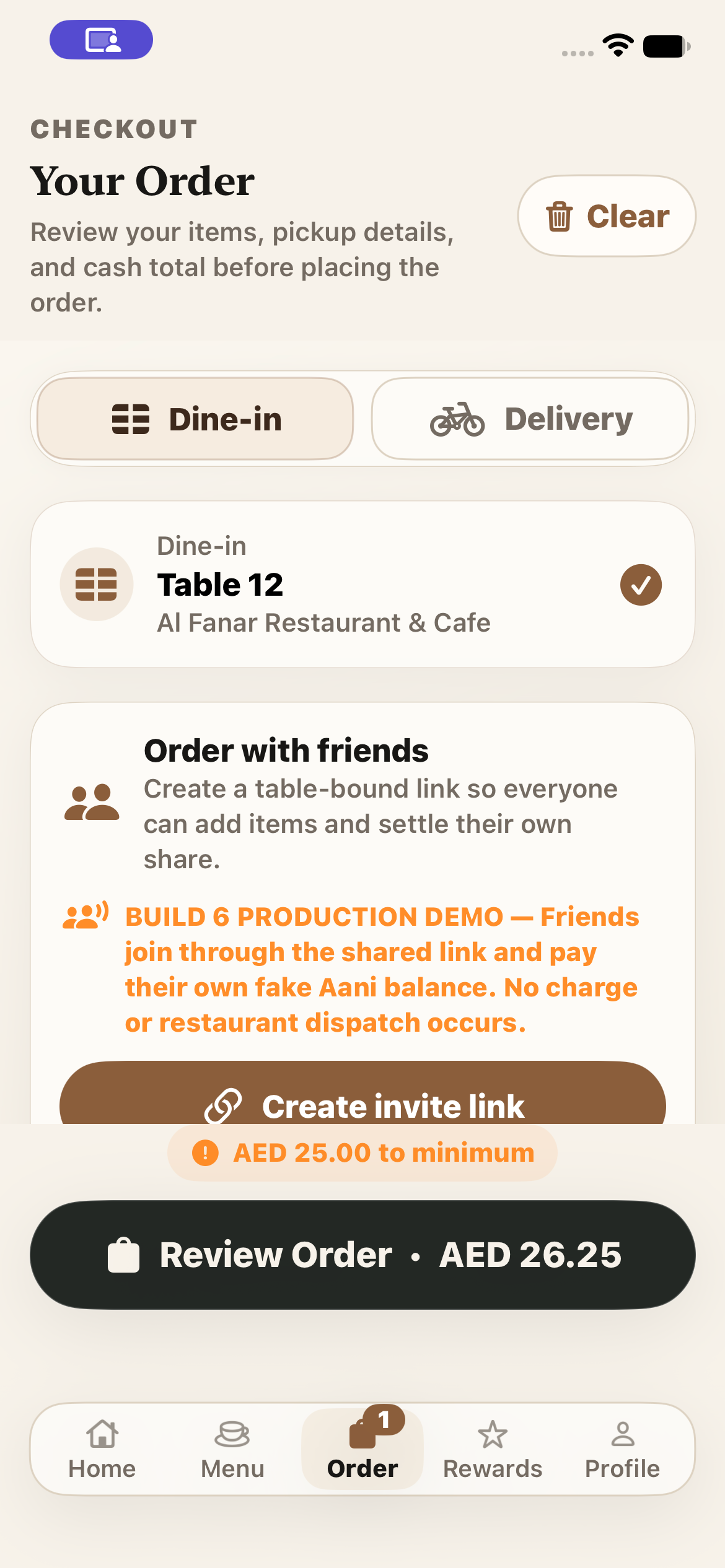 Foodle TestFlight dine-in cart with the labelled shared-table demo