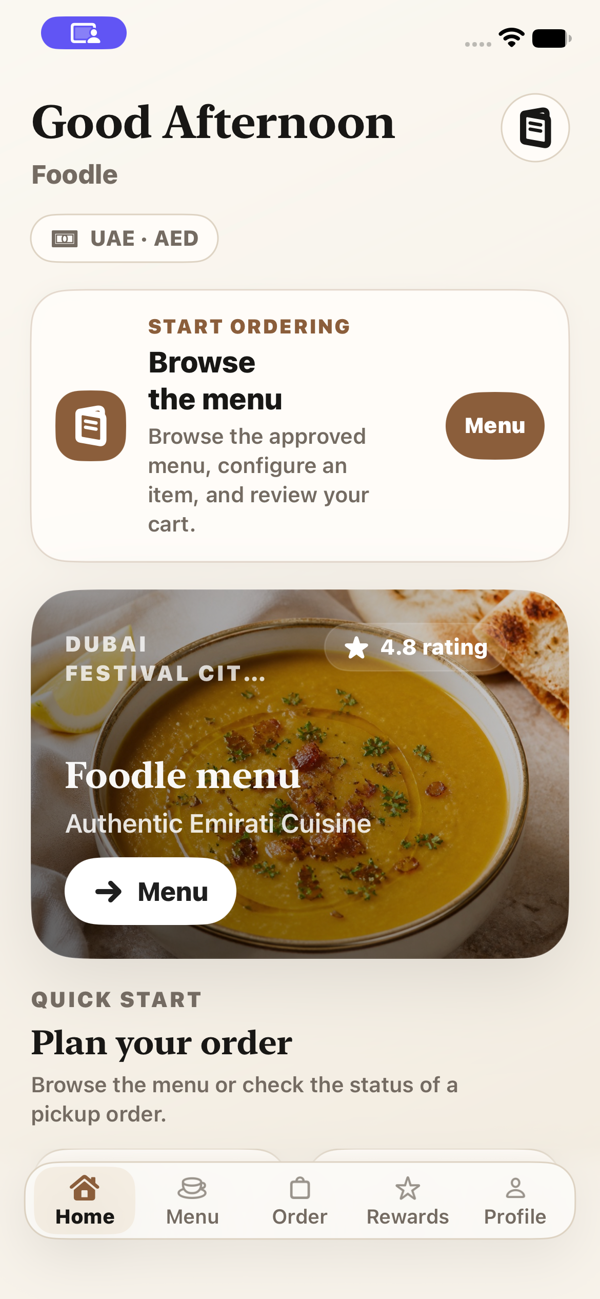 Foodle TestFlight home screen with restaurant branding and demo menu highlights