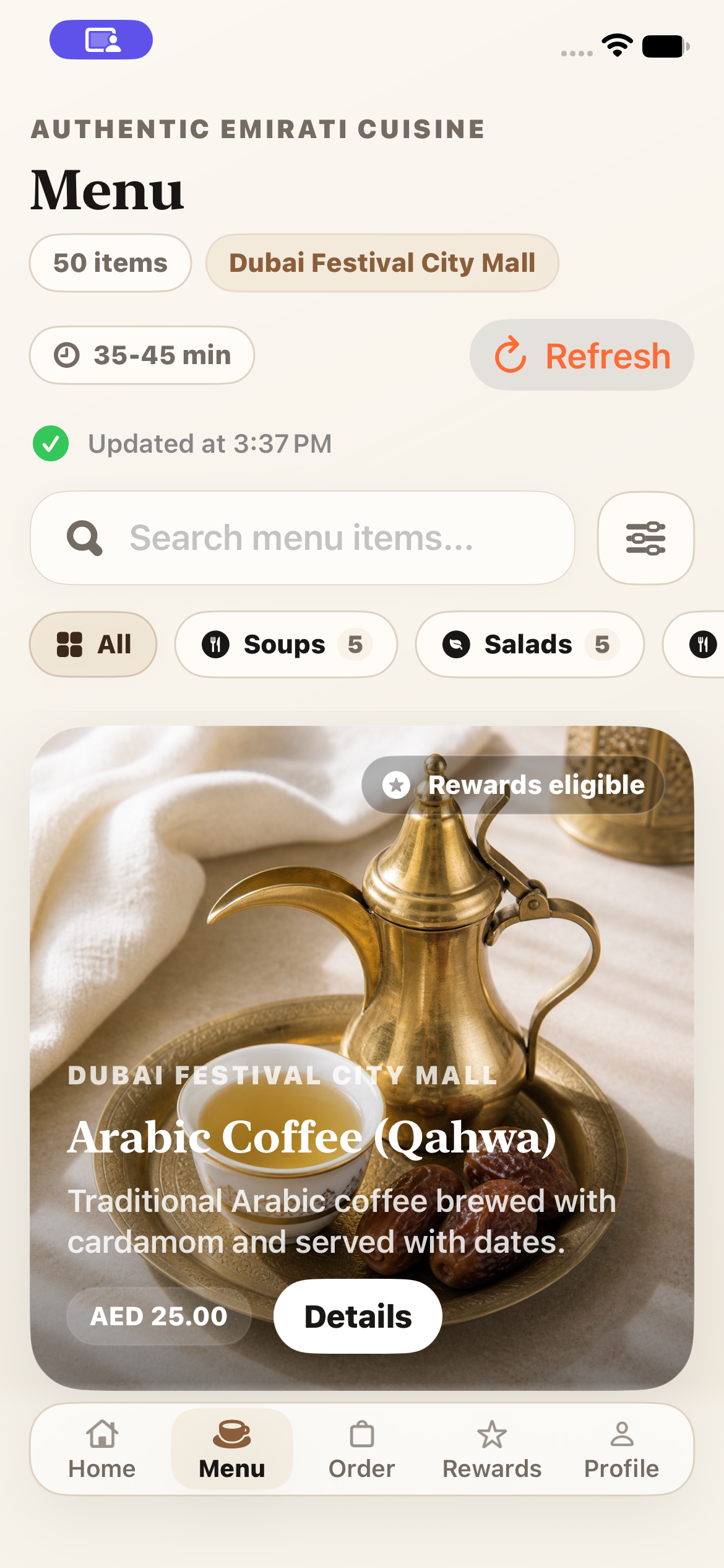 Foodle TestFlight menu screen with demo dishes, categories and discovery controls