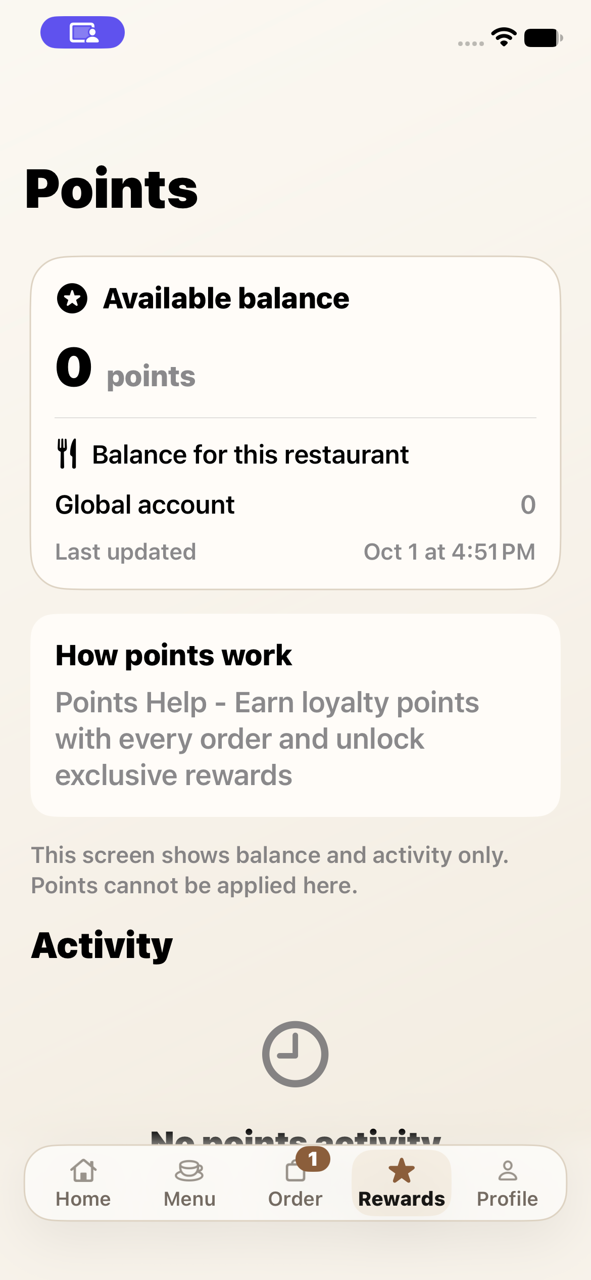 Foodle TestFlight loyalty screen with points balance and rules